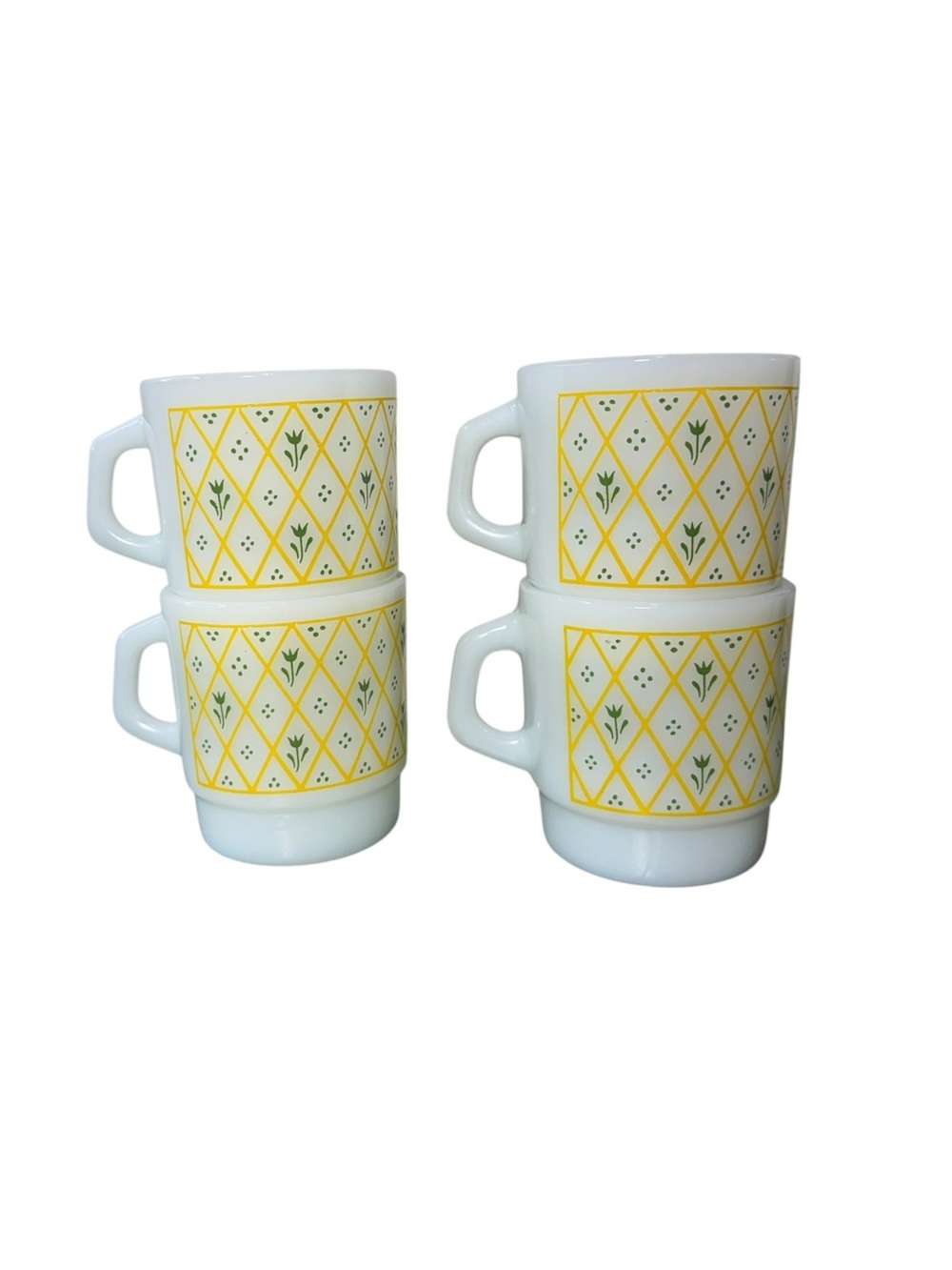 Set of 4 Termocrisa Milk Glass Mugs | Vintage 1970s Yellow Lattice & Green Tulip